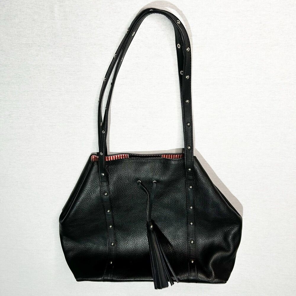 Black Studded Leather Shoulder Bag with Tassel
